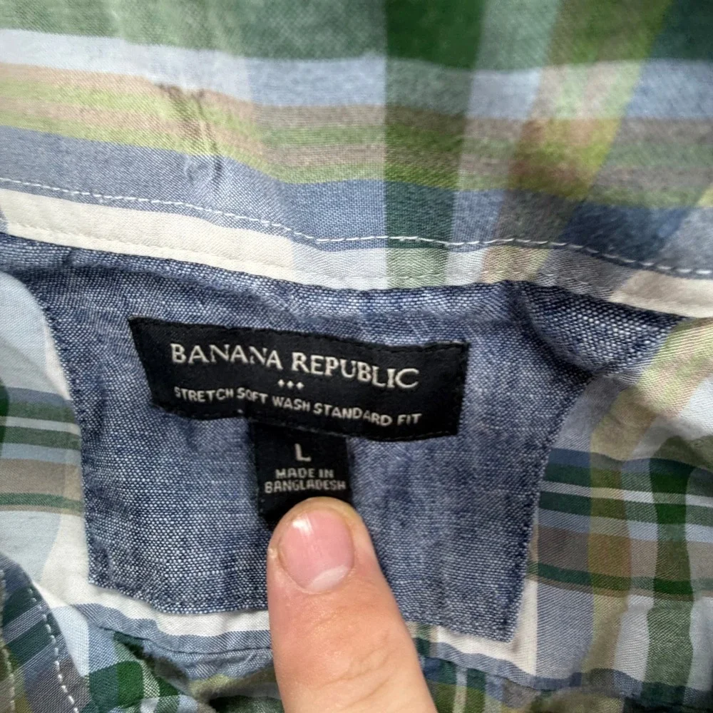 Banana Republic Mens Large Plaid Button Down Shirt Soft Wash Standard Fit Green‎